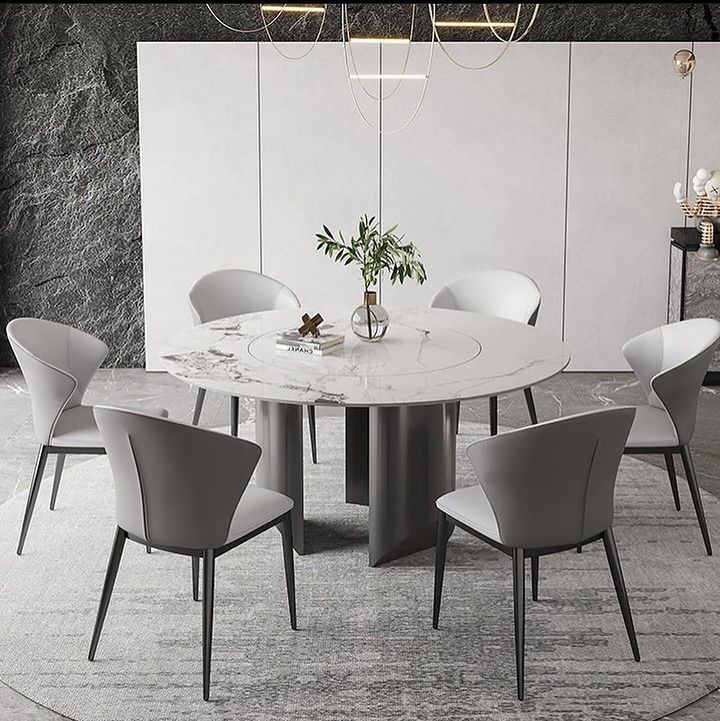 Lovely dining table furniture Product Type: Glossy stoned top dining table Modern Minimalist White round Dining Table for 6, Glossy Sintered Stone Tabletop, firm Table Leg